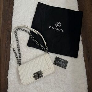 Chanel CC white and silver quilted flap boy bag